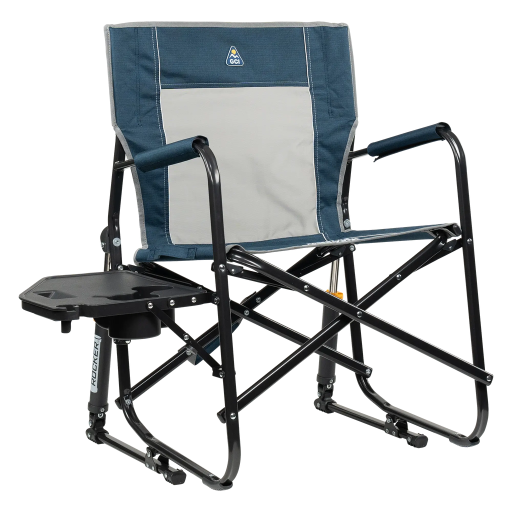 Foldable Freestyle Rocker with Side Table - Camp Rocker Chair for Fishing & Beach Trips - Heathered Indigo