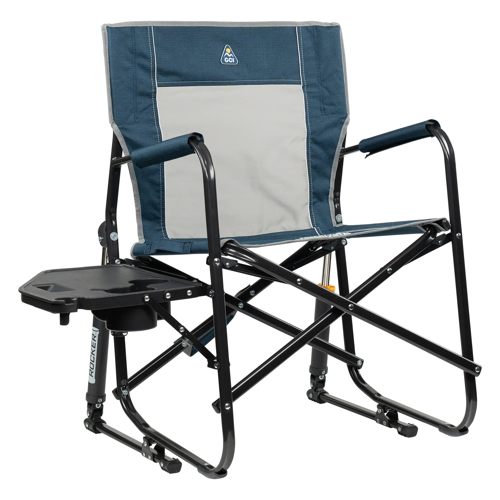 Foldable Freestyle Rocker with Side Table - Camp Rocker Chair for Fishing & Beach Trips - Heathered Indigo