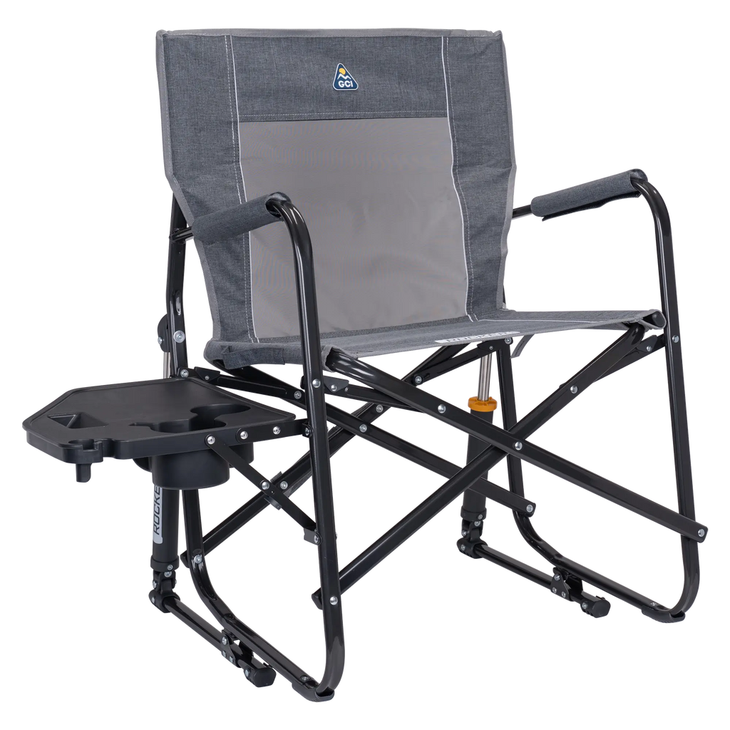 Foldable Freestyle Rocker with Side Table - Camp Rocker Chair for Fishing & Beach Trips - Heathered Pewter