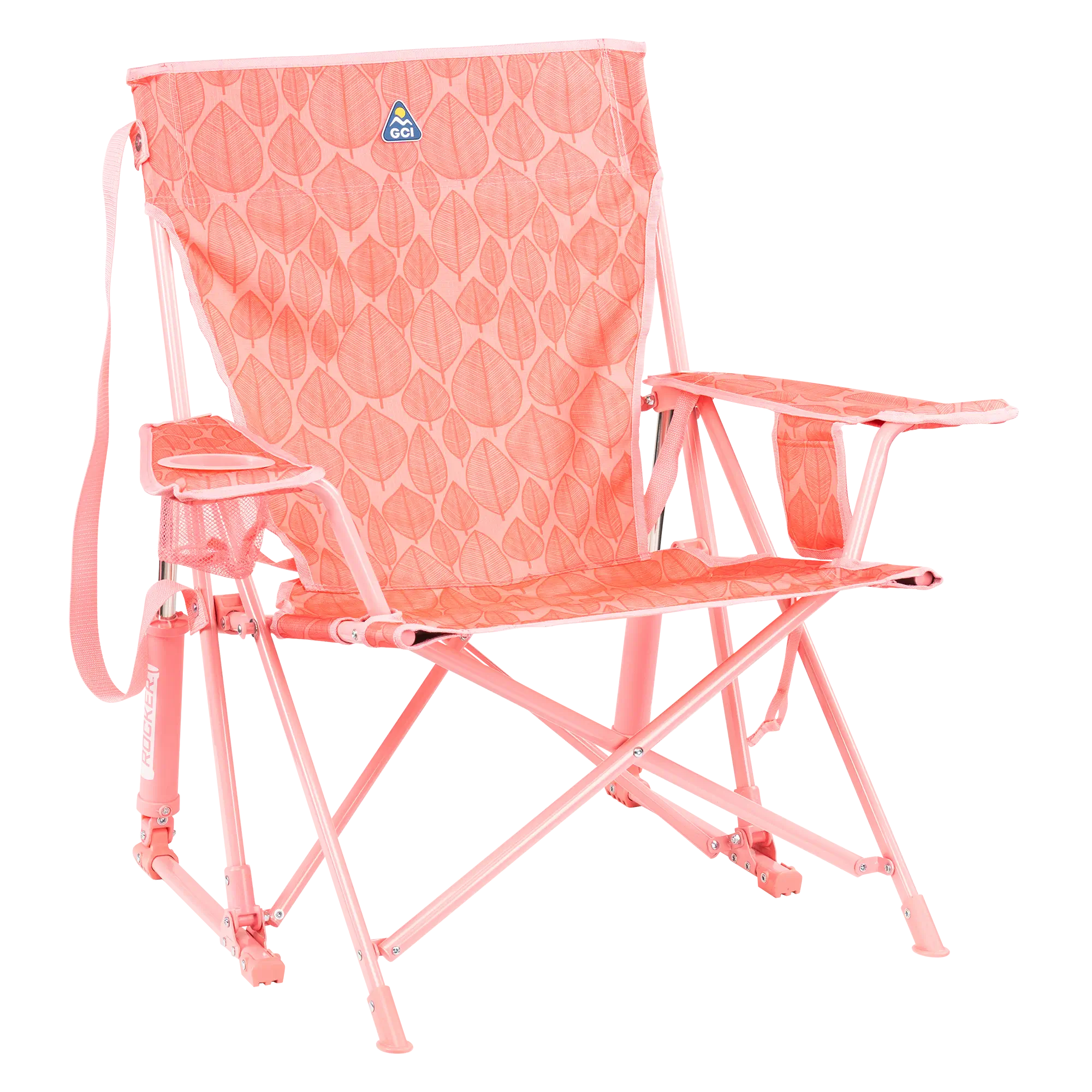 Foldable Kickback Rocker - Camp Rocker Chair for Fishing & Beach Trips - Soft Pink Leaf