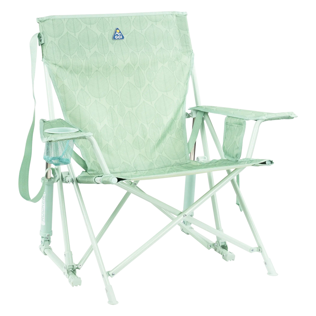 Foldable Kickback Rocker - Camp Rocker Chair for Fishing & Beach Trips - Pastel Green Leaf