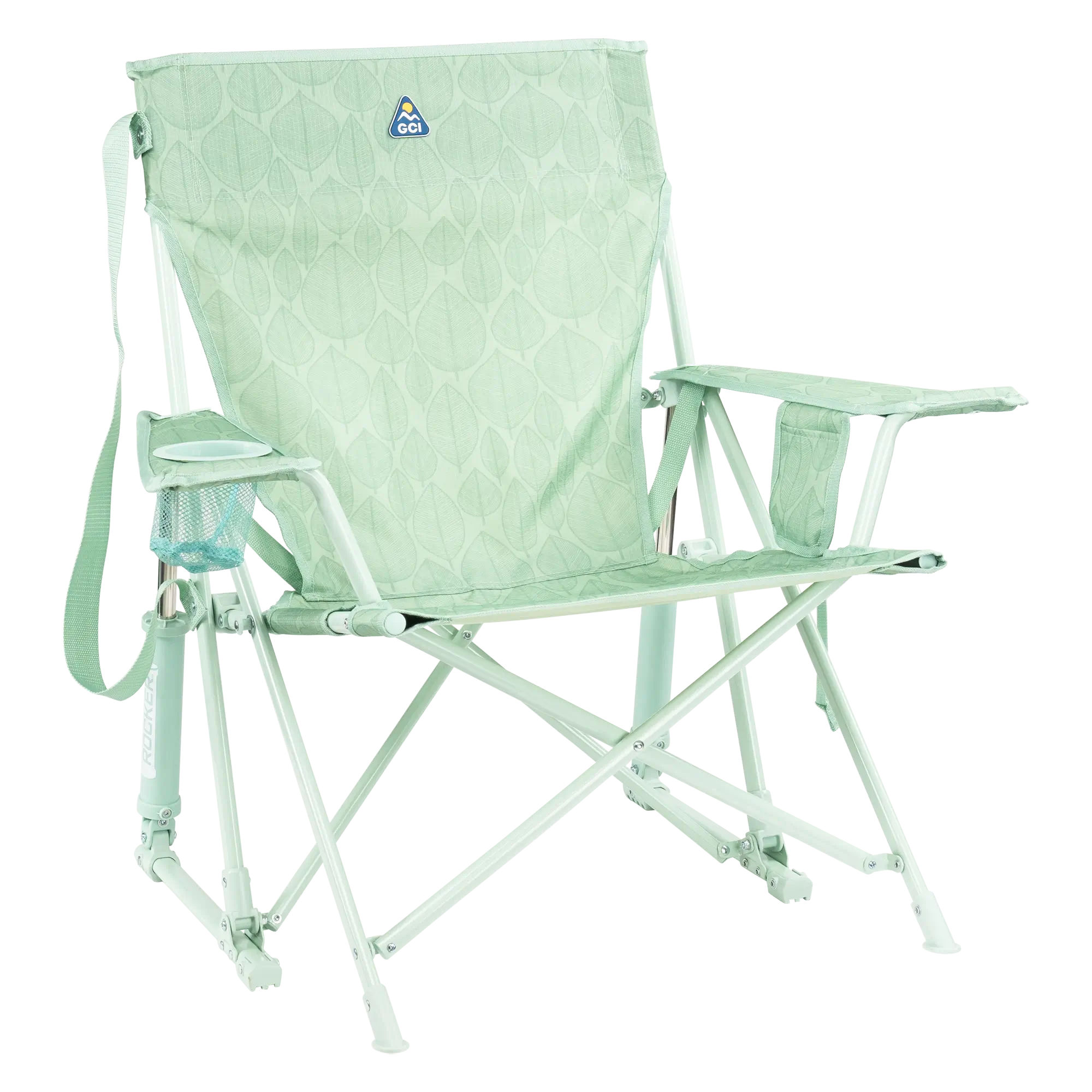Foldable Kickback Rocker - Camp Rocker Chair for Fishing & Beach Trips - Pastel Green Leaf