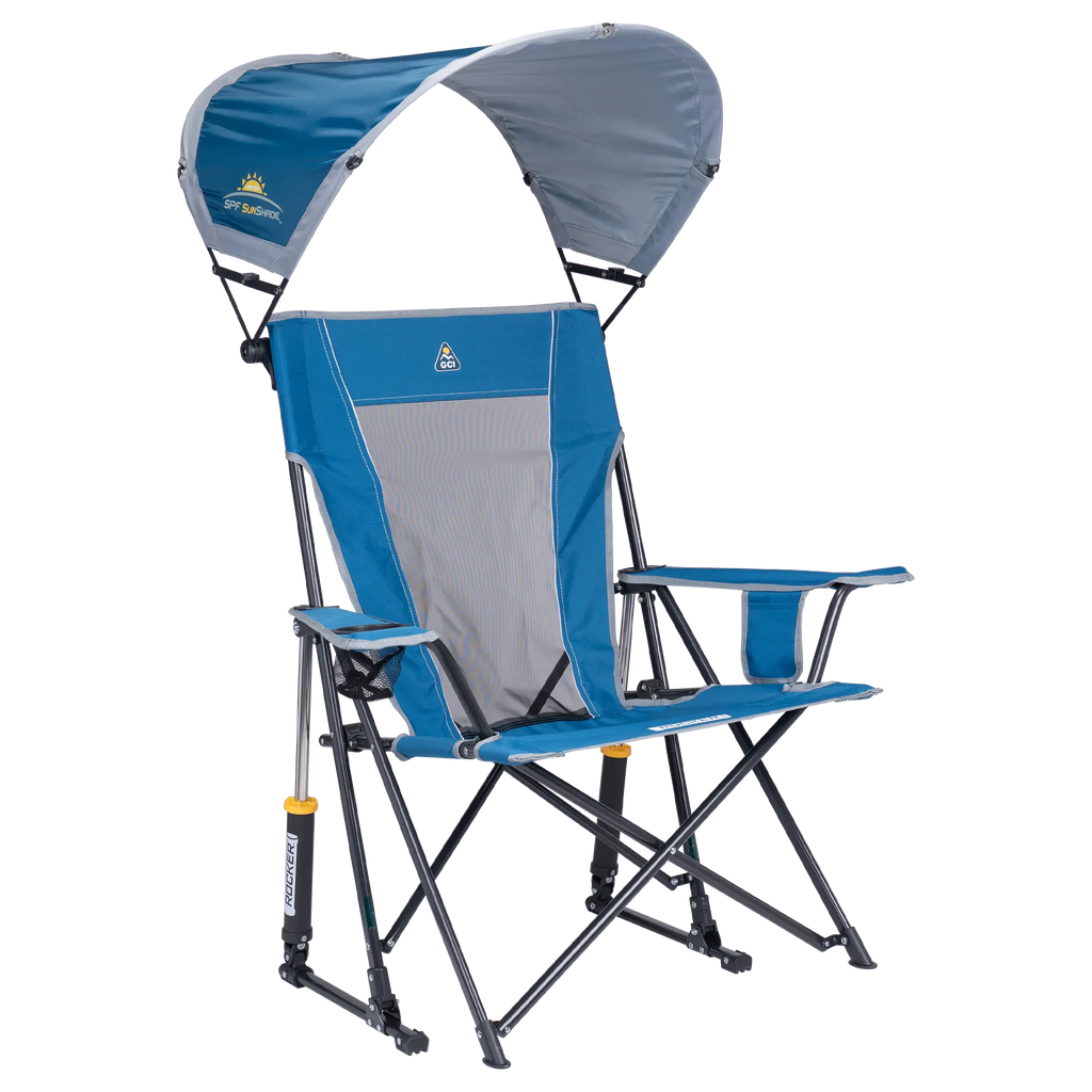 Premium All-Weather SunShade Rocker - Camp Rocker Chair for Fishing & Beach Trips - Neptune Blue