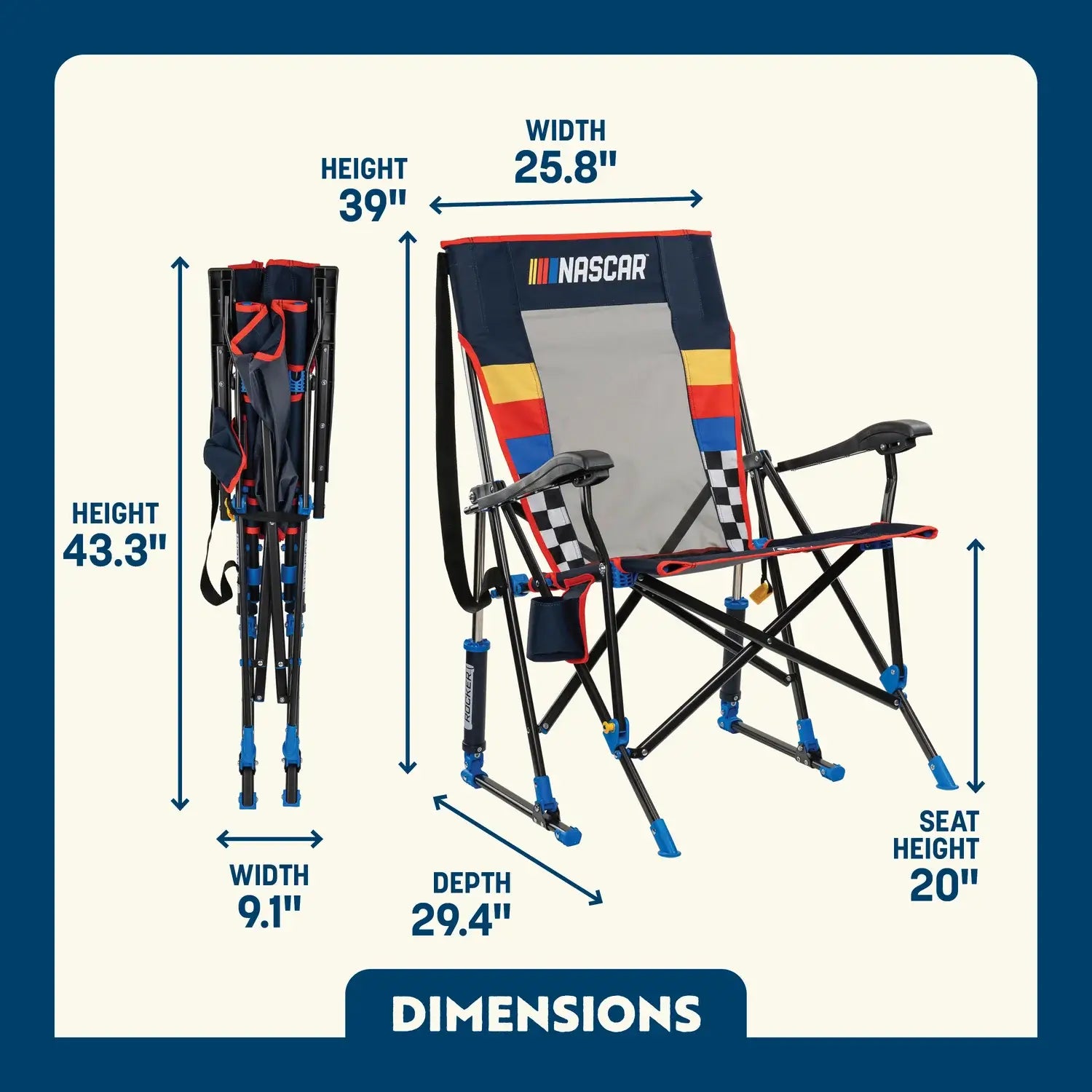 Ergonomic Portable NASCAR RoadTrip Rocker - Blue - Outdoor Rocking Chairs with Dynamic Comfort Edge Detail
