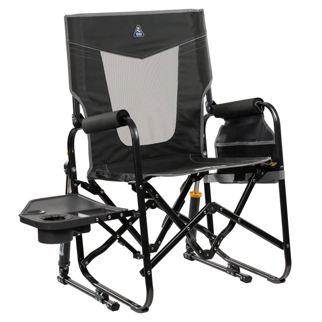 Ultra-Comfortable Stowaway Rocker with Side Table - Camp Rocker Chair for Fishing & Beach Trips - Dark Charcoal