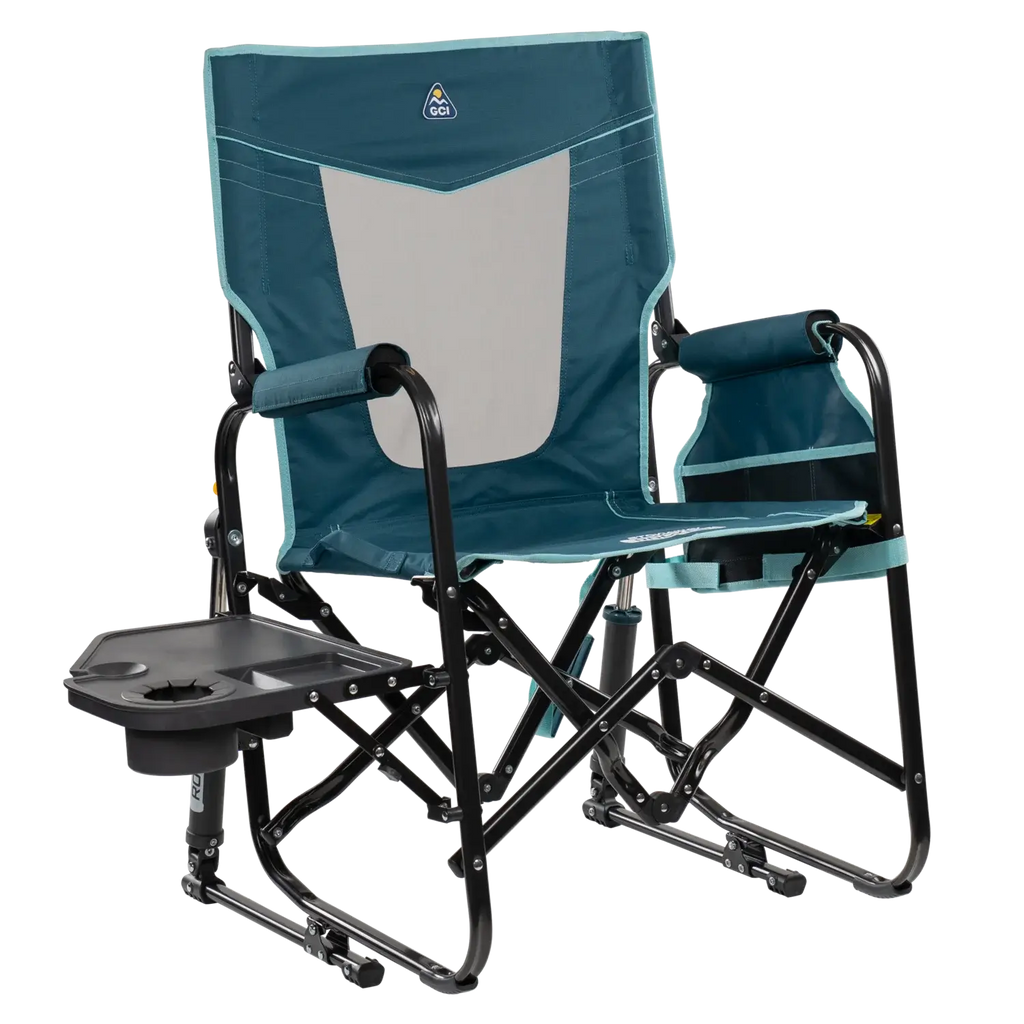 Ultra-Comfortable Stowaway Rocker with Side Table - Camp Rocker Chair for Fishing & Beach Trips - Teal