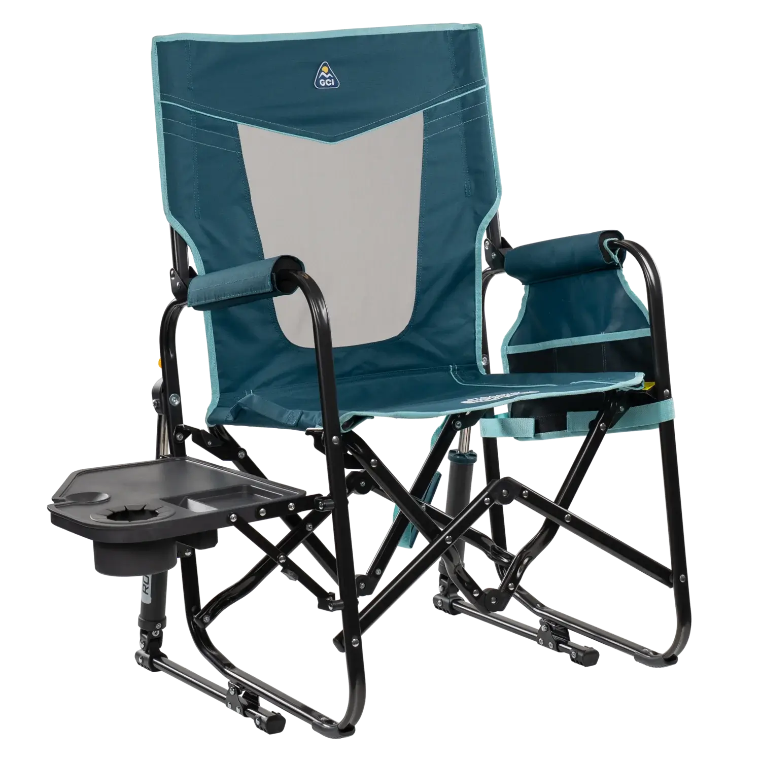 Ultra-Comfortable Stowaway Rocker with Side Table - Camp Rocker Chair for Fishing & Beach Trips - Teal